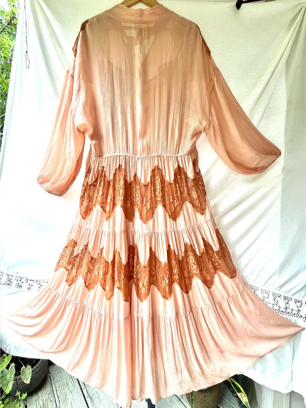 Zara Maxi Lace Dress Crinkle Long Rouched Sleeves High Tie Bow Collar V-Neck Med - Picture 15 of 16